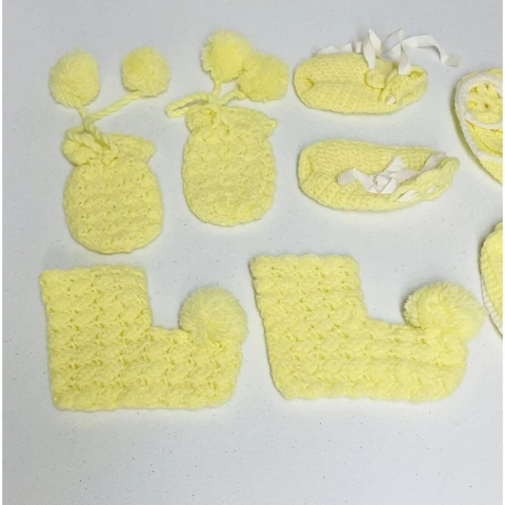 Vintage Crocheted Baby Girls Yellow Mittens & 3 Pair Boots Booties